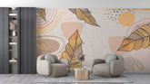 Botanical bohemian wallpaper featuring wild leaves, soft flowers, and organic textures.